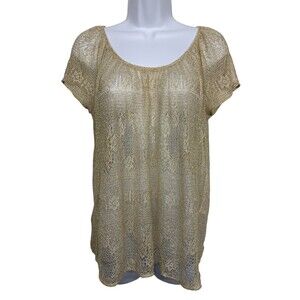 Lucky Brand Women's size S Gold Sheer See Through Shimmer Metallic Top